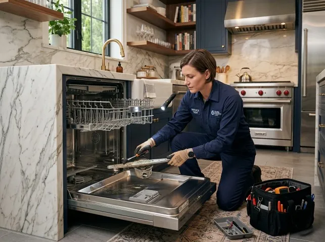Appliance Repair Hero technician servicing a built-in dishwasher in a Amityville, NY kitchen