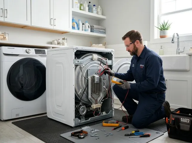 Appliance Repair Hero technician checking a dryer heating element with the rear panel off in Amityville, NY