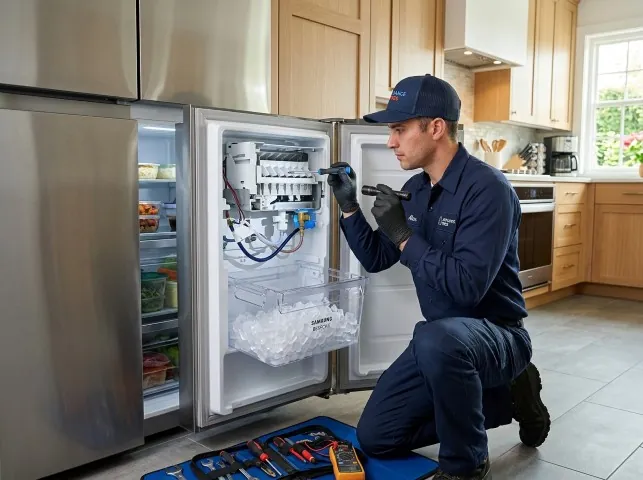 Appliance Repair Hero technician repairing a refrigerator ice maker in Amityville, NY