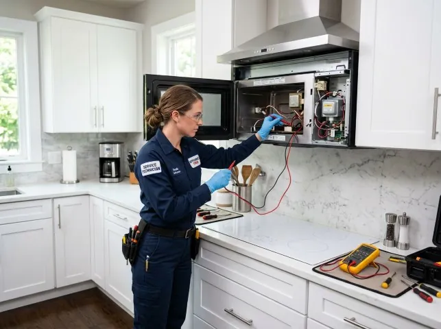 Appliance Repair Hero technician testing an over-the-range microwave in a Amityville, NY kitchen