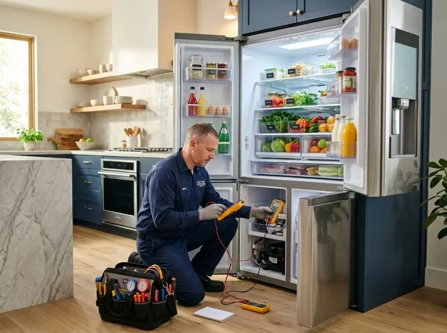 Appliance Repair Hero refrigerator technician testing a fridge on a Amityville, NY service call