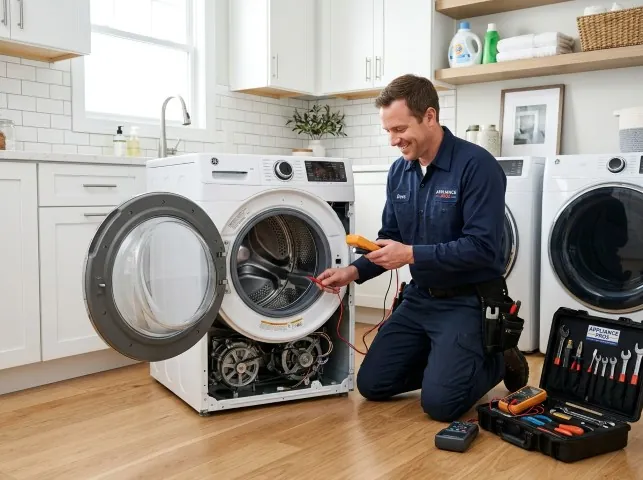 Appliance Repair Hero technician testing a front-load washer with a multimeter on a Amityville, NY service call